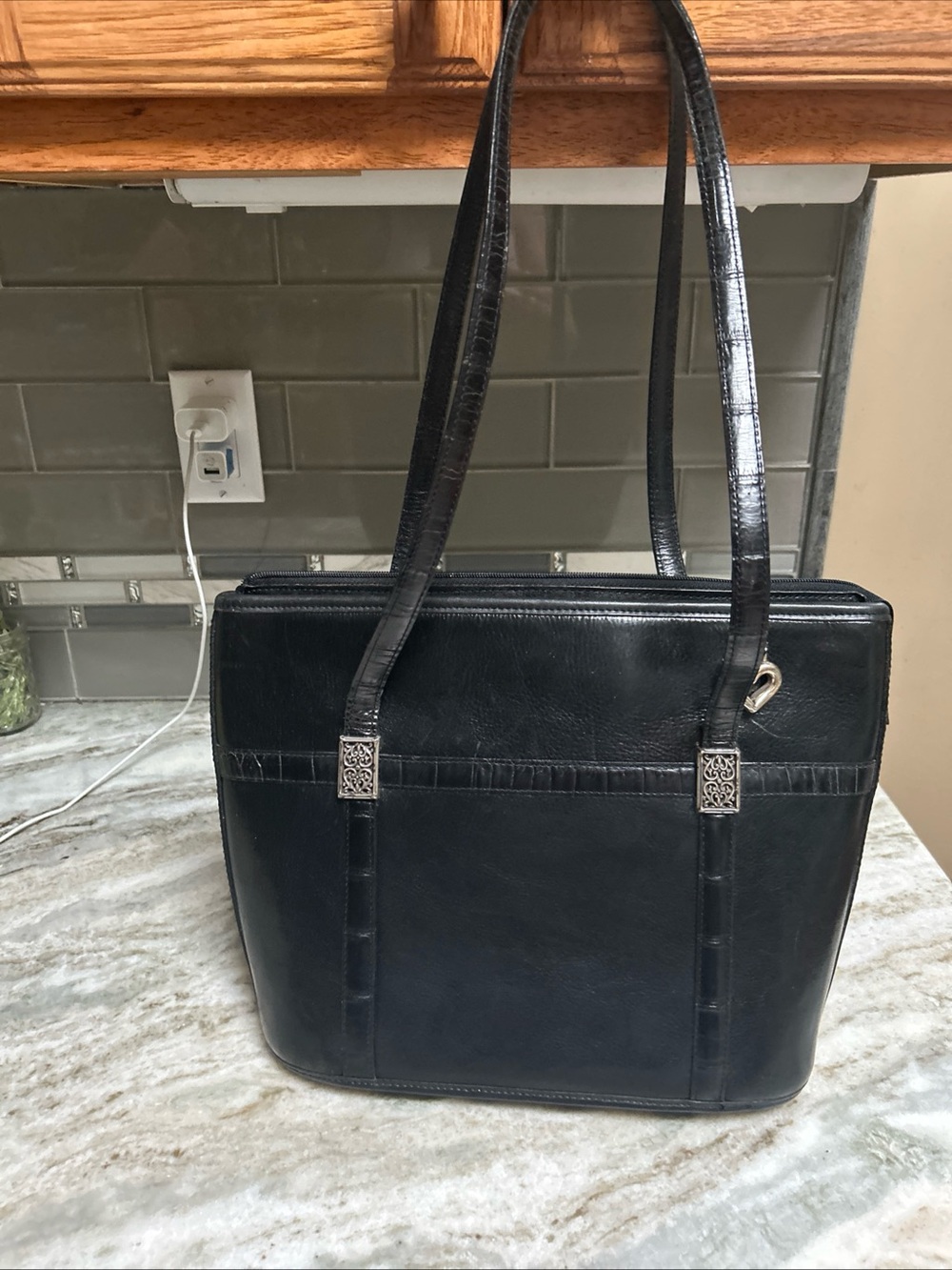 Brighton Black Leather Double Handle Zipper Satchel Shoulder Bag 14x10 Tote